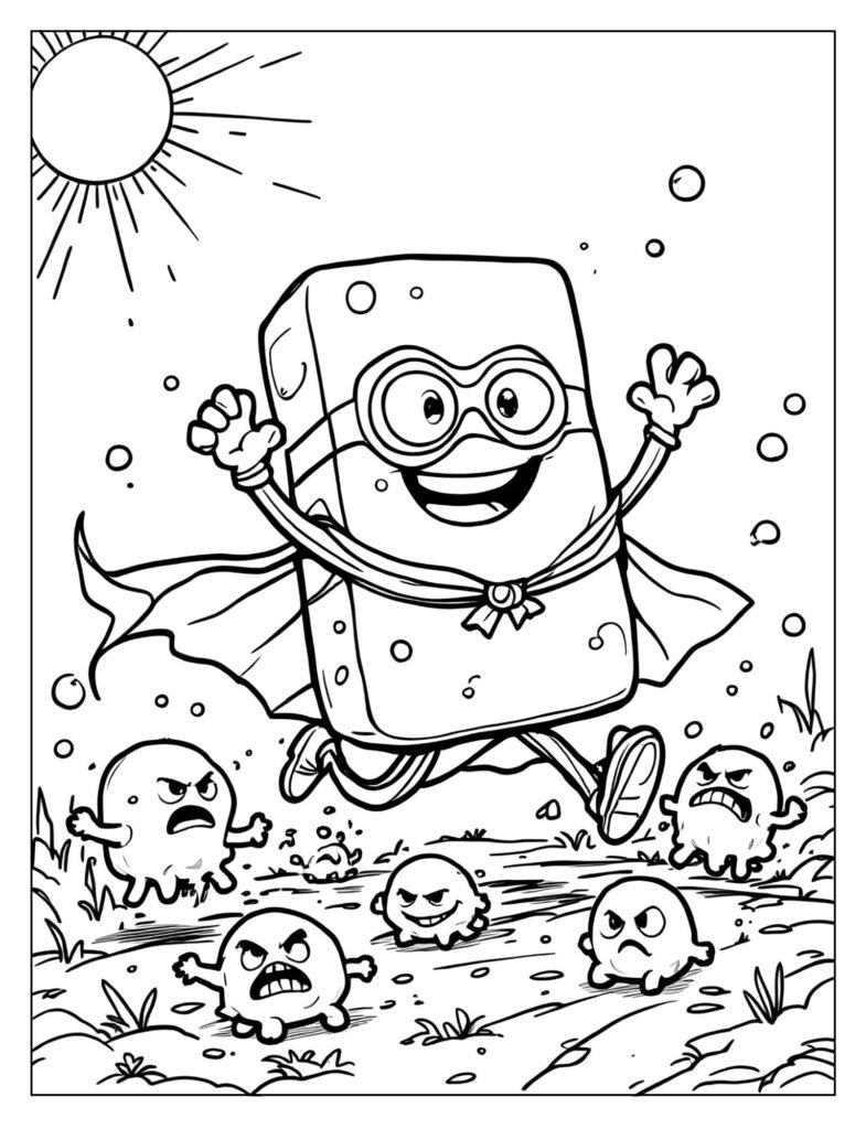 A giant, friendly bar of soap with a mask and cape, chasing away a swarm of tiny, angry-looking germs.