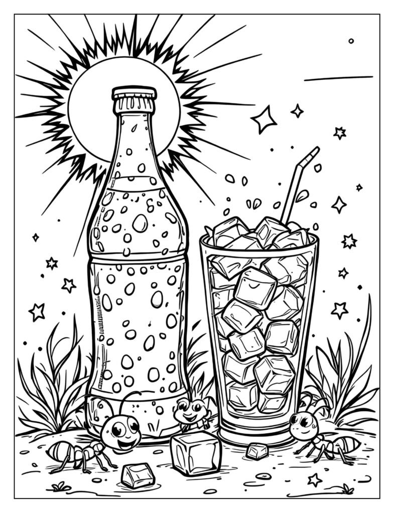 A cold soda with ice cubes on a hot, sunny day.