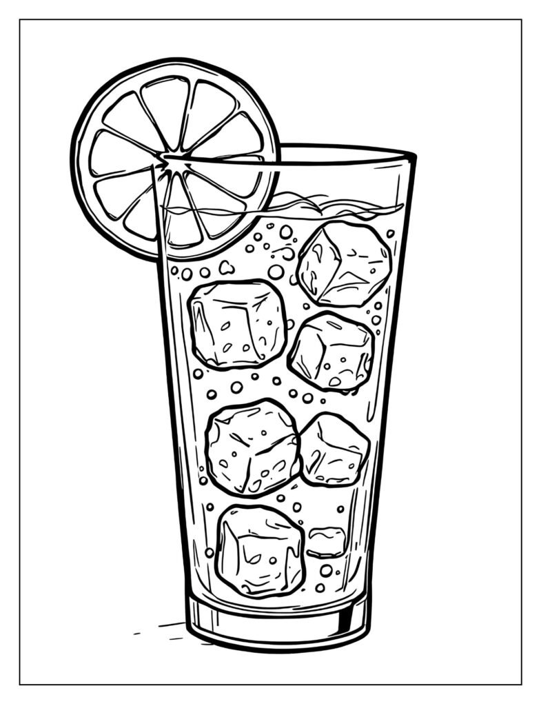 A glass of soda with a lemon slice and ice cubes.