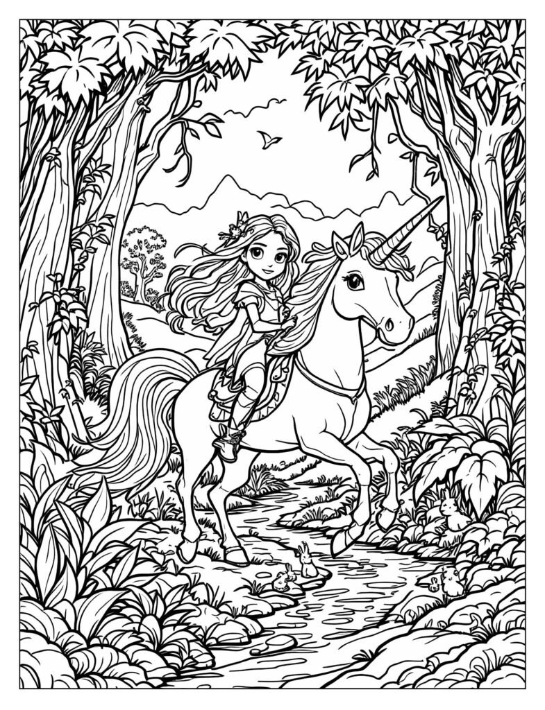 Sophia riding Wildstar unicorn through magical forest coloring page