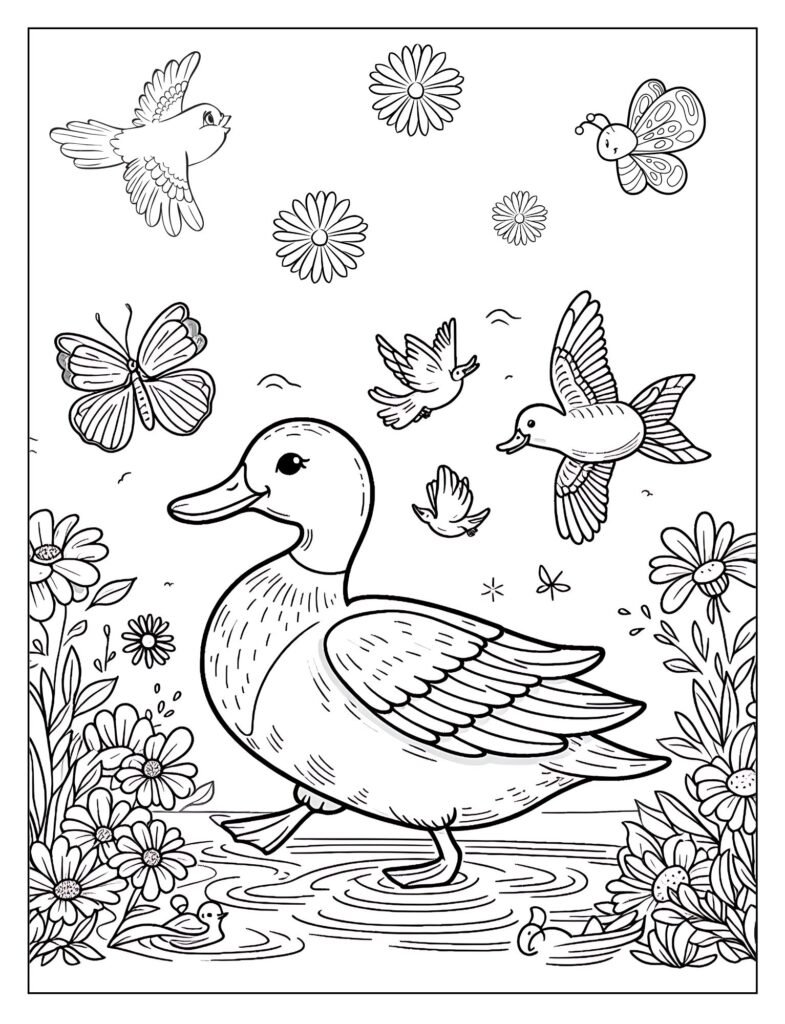 An outline drawing of a duck with subtle sparkling effects or shining elements around it, designed for coloring.
