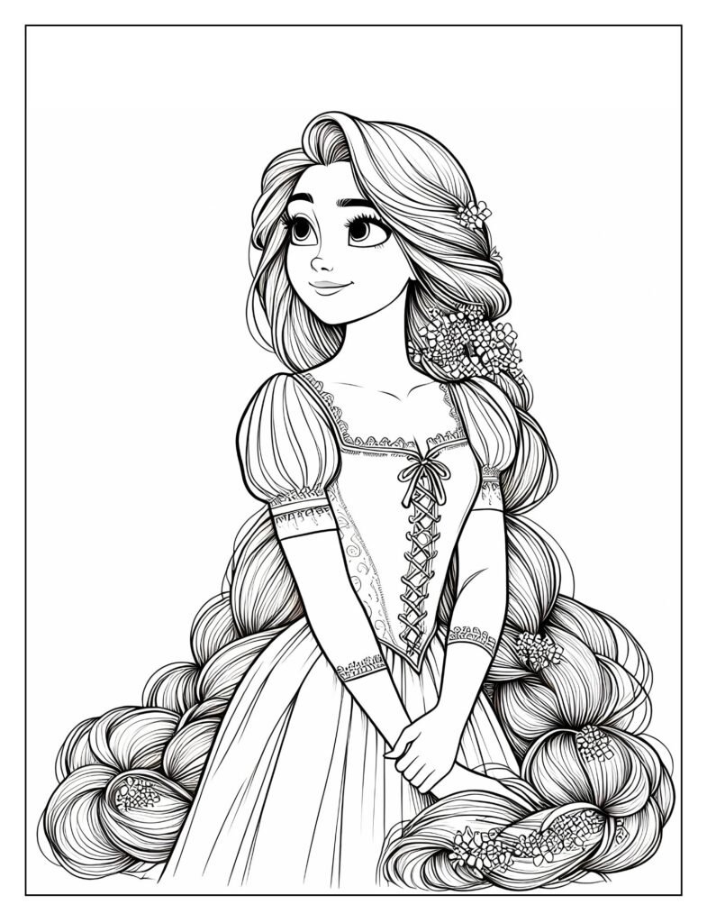 An outline drawing of Rapunzel's long hair with shimmering or sparkling effects, emphasizing its magical quality, ready for coloring.