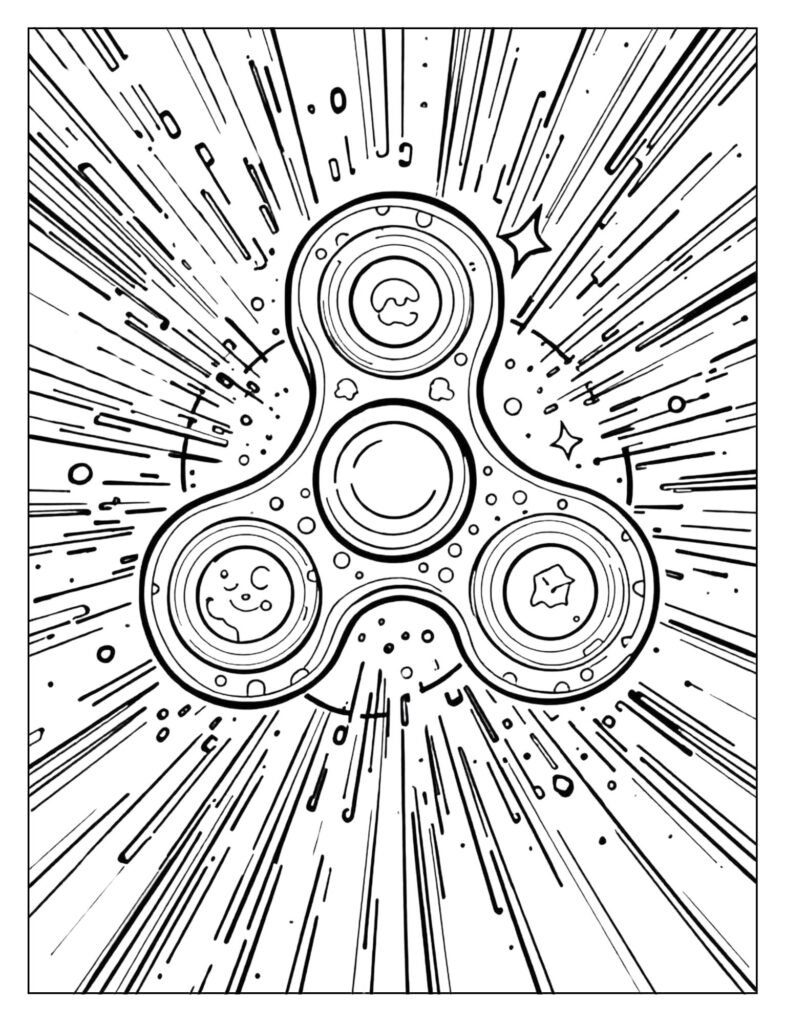 Three-arm fidget spinner drawn in rapid motion with blurred lines and curved motion streaks.