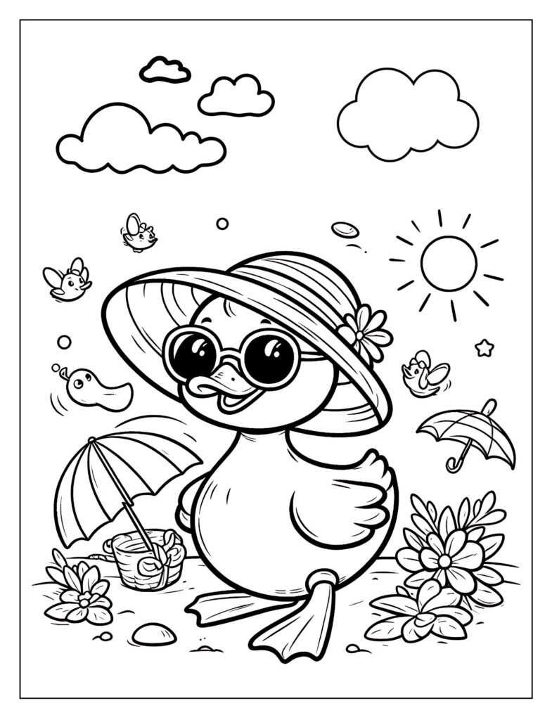  A line art illustration of a duck happily splashing in water, with water droplets and ripples, designed for coloring.



