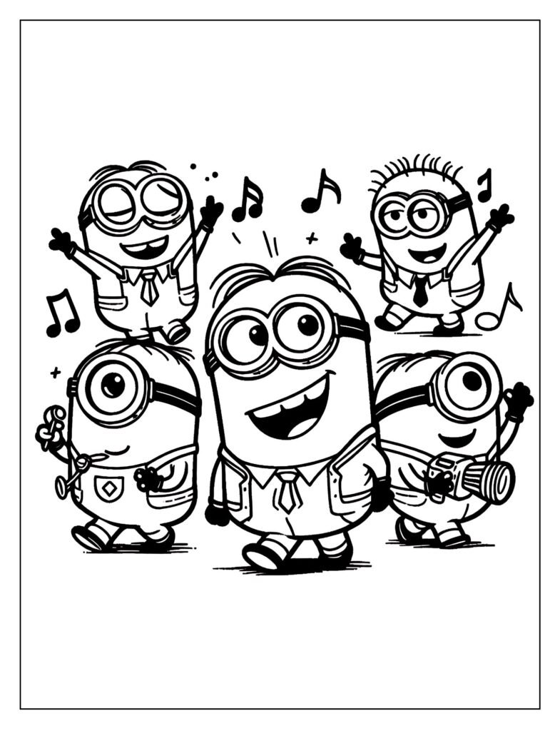 A black and white illustration of one or more Minions playfully splashing in water, with water droplets, designed for coloring.