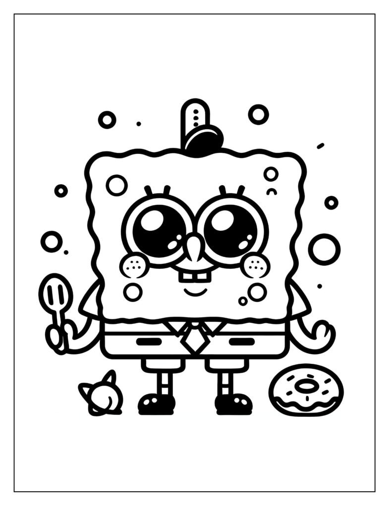 An outline drawing showing SpongeBob in a funny predicament involving too many bubbles or getting tangled in them, ready for coloring.