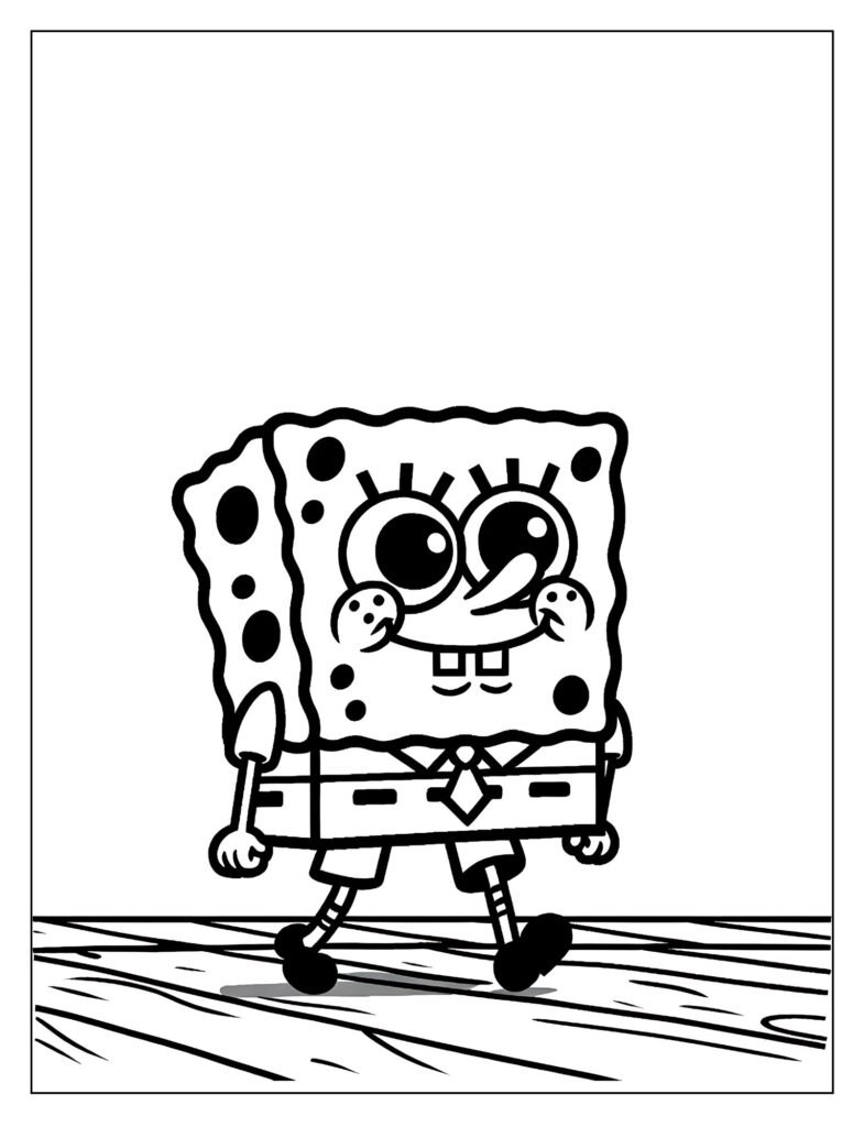 A line art illustration depicting SpongeBob engaged in a typical daily activity, such as working at the Krusty Krab or playing, ready to be colored.
