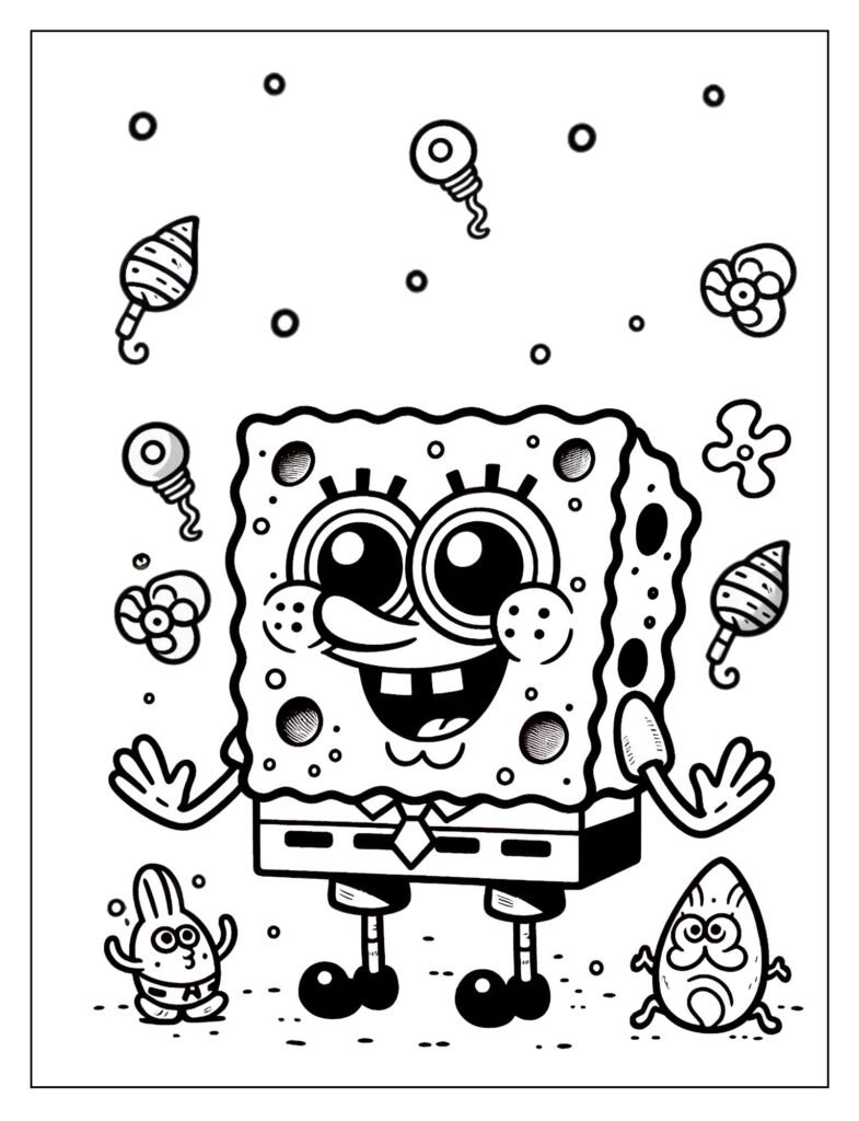 A line art drawing of SpongeBob blowing or playing with bubbles, with various bubble shapes and sizes, designed for coloring.
