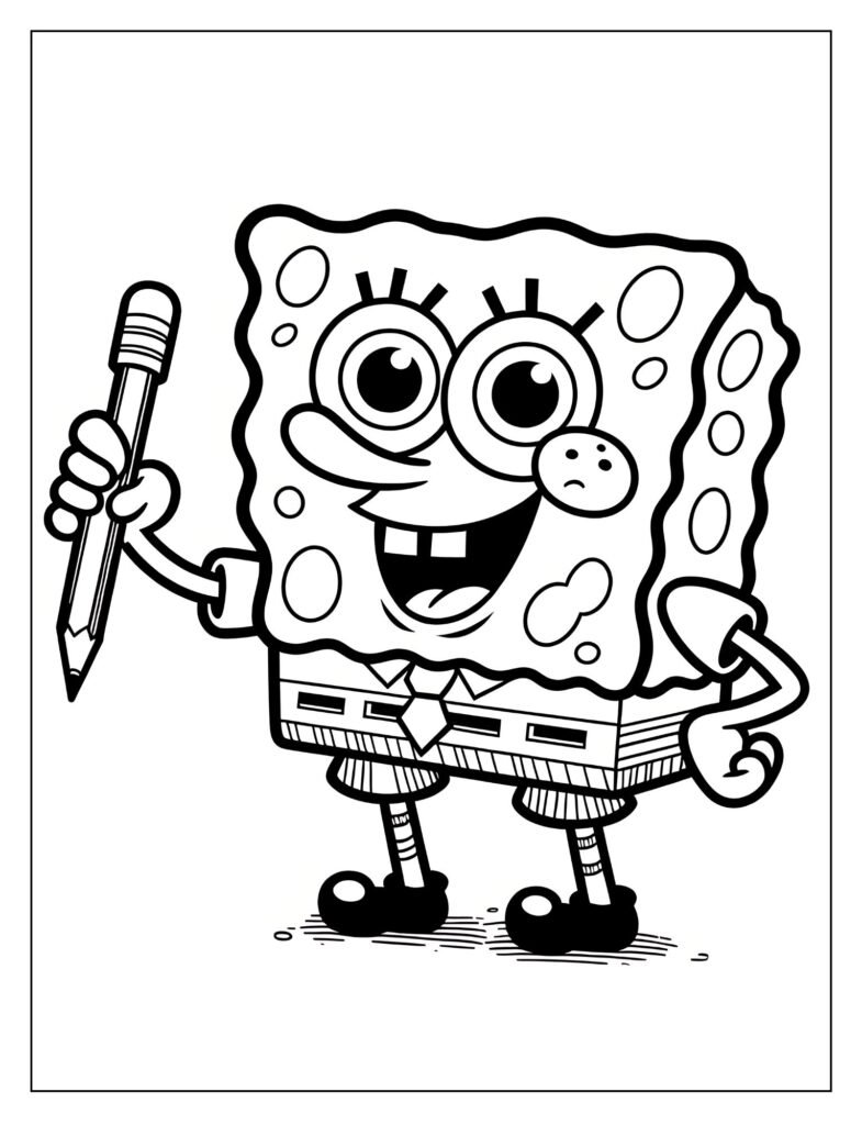 A black and white illustration of a joyful SpongeBob, perhaps laughing, dancing, or surrounded by positive elements, ready for coloring.
