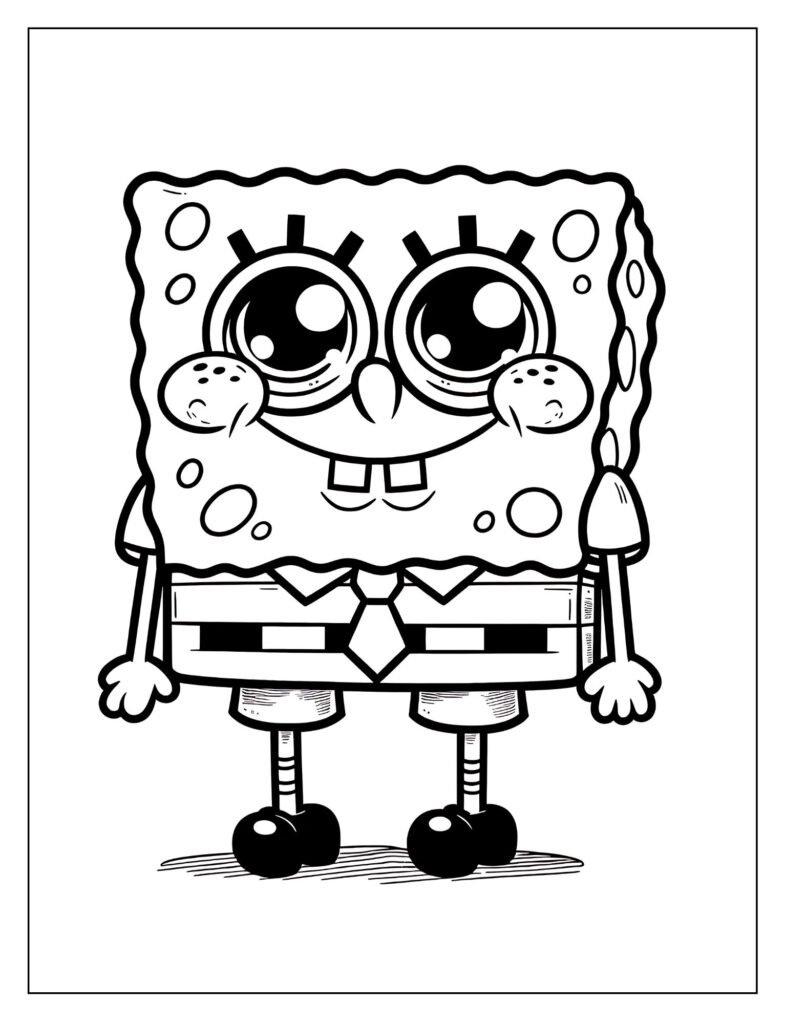 A line art drawing focused on SpongeBob in mid-laugh, with his mouth wide open and eyes crinkled, designed for coloring.