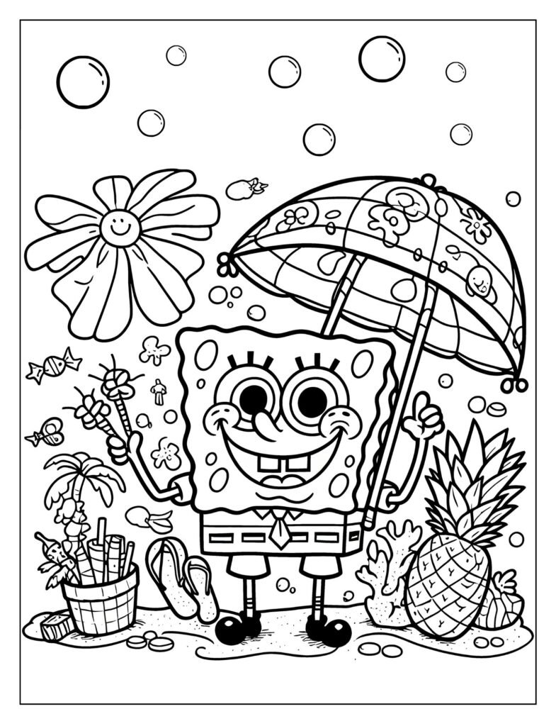 A black and white drawing of SpongeBob's iconic pineapple house, with details like windows and the front door, ready for coloring.