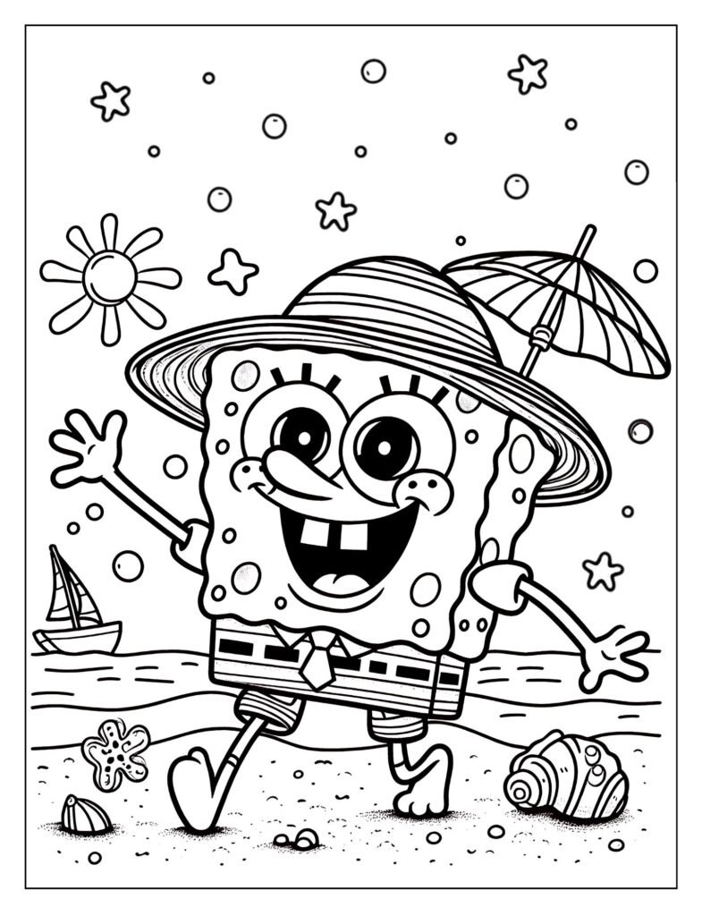 An outline drawing of SpongeBob dressed as a pirate, on a pirate ship or with pirate accessories, ready for coloring.