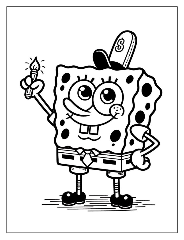 An outline drawing capturing SpongeBob in a humorous or comical pose, making a funny face or doing something absurd, designed for coloring.