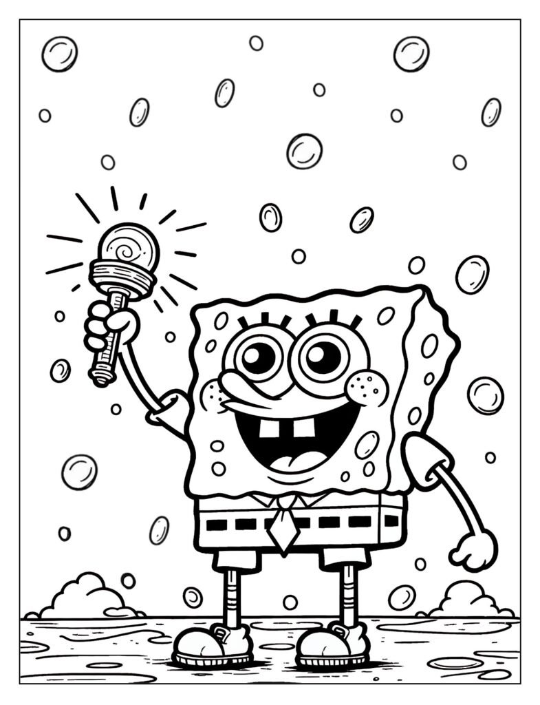A black and white drawing of SpongeBob searching for treasure on the ocean floor, possibly with a map or shovel, ready for coloring.
