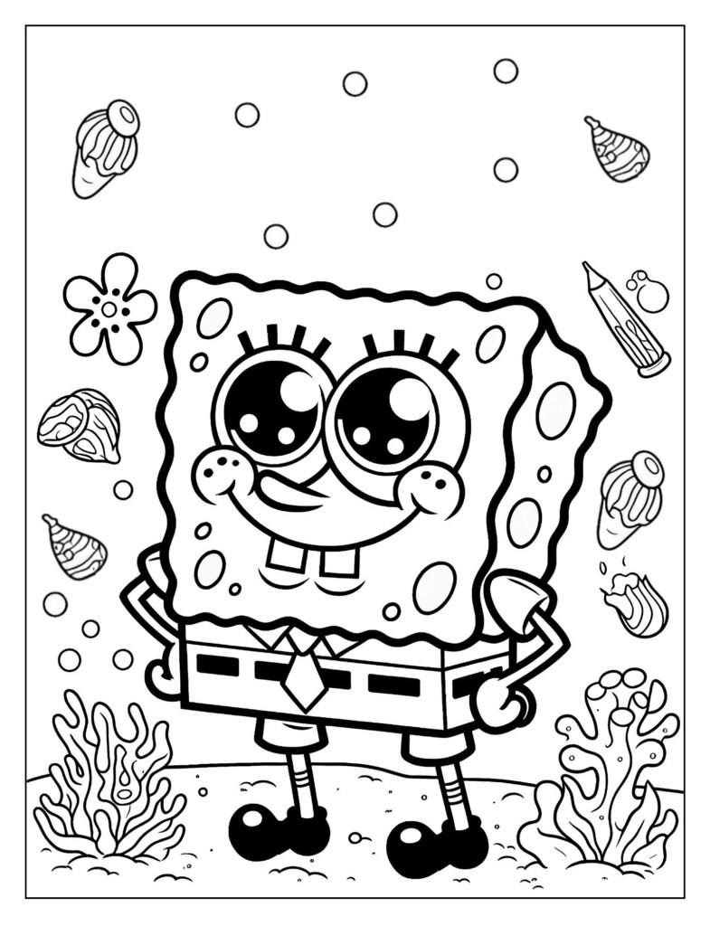 A black and white outline drawing showing SpongeBob SquarePants in a detailed underwater scene, featuring coral, fish, and other elements of Bikini Bottom, ready for coloring.
