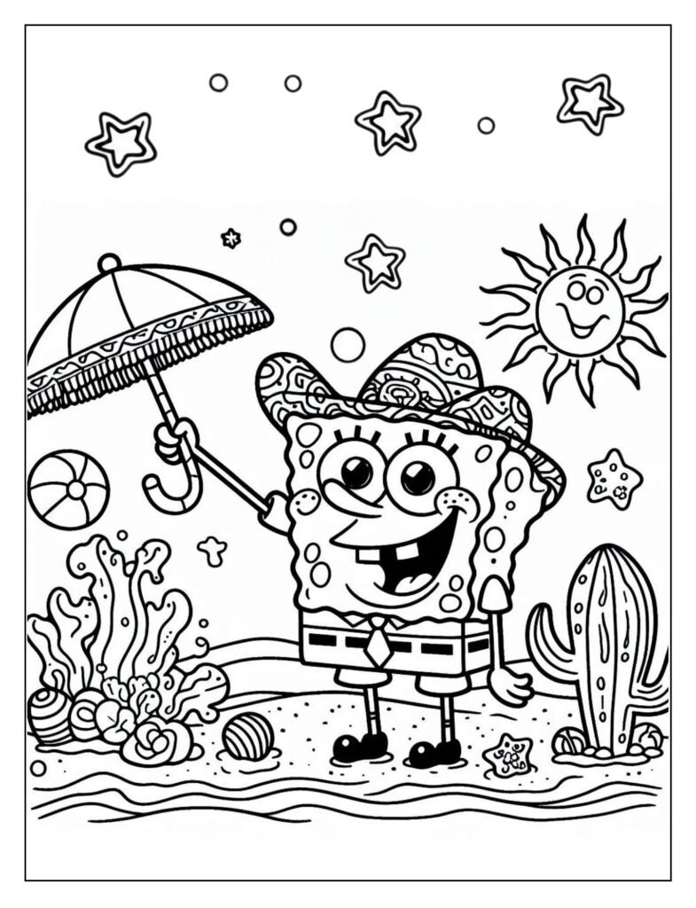 A line art illustration of SpongeBob enjoying himself at a beach, possibly with sand, sun, and other beach elements, designed for coloring.