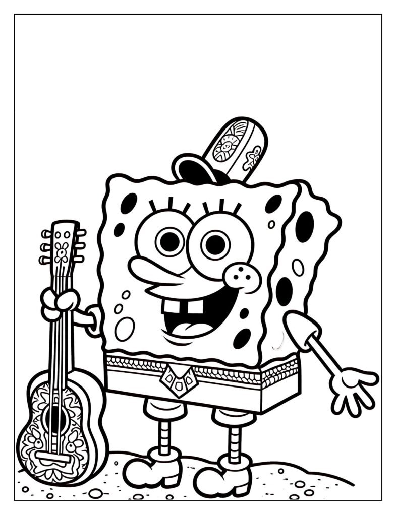 A line art illustration of SpongeBob playing a guitar, perhaps in a band or singing, designed for coloring.
