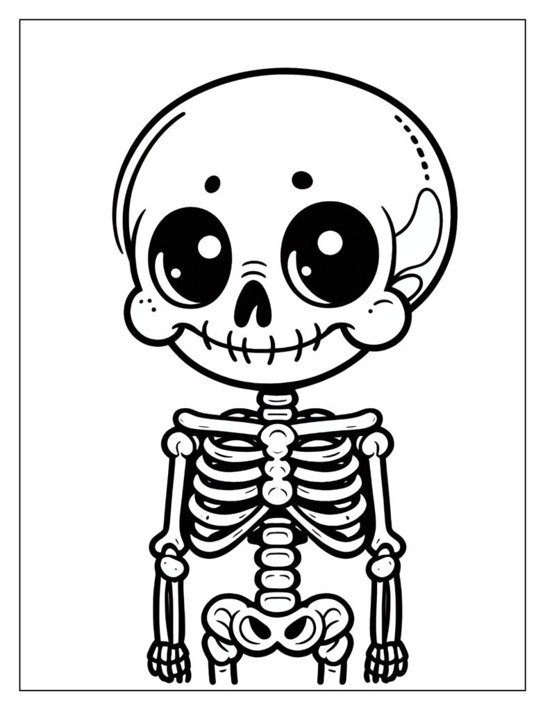 A black and white outline drawing of a friendly skeleton popping out from behind an object, creating a mild surprise effect, ready for coloring.