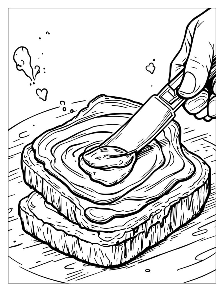 Close-up of a hand holding a knife, spreading a thick layer of jelly onto peanut butter-covered bread.