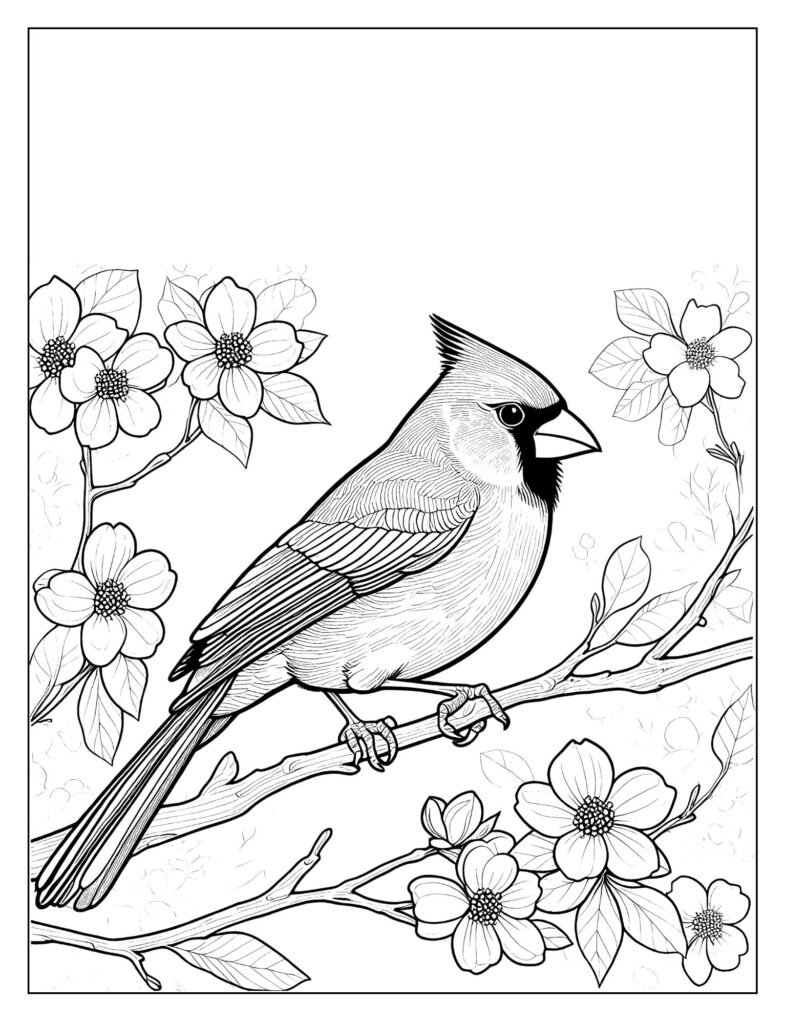 A vibrant red cardinal perched amidst blooming spring flowers.