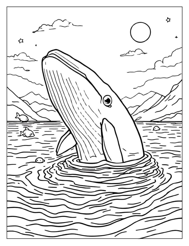 A humpback whale with its massive head and eyes raised vertically out of the water in a "spyhopping" pose.