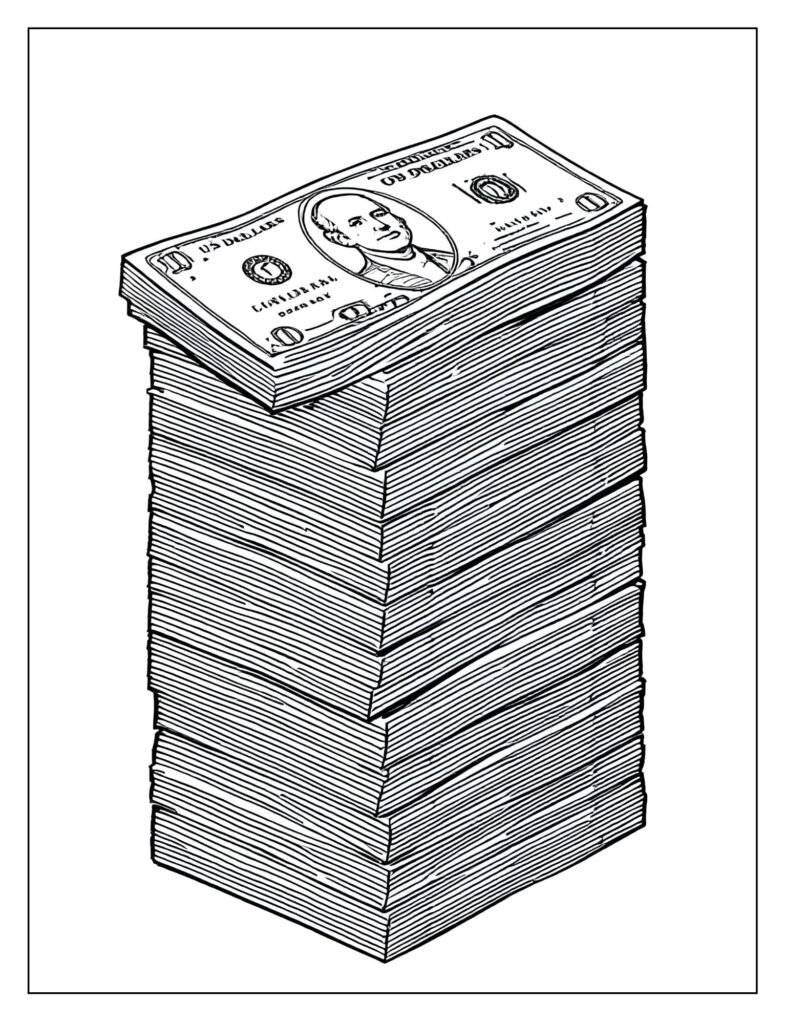 A neat, high stack of identical, simple rectangular dollar bills.
