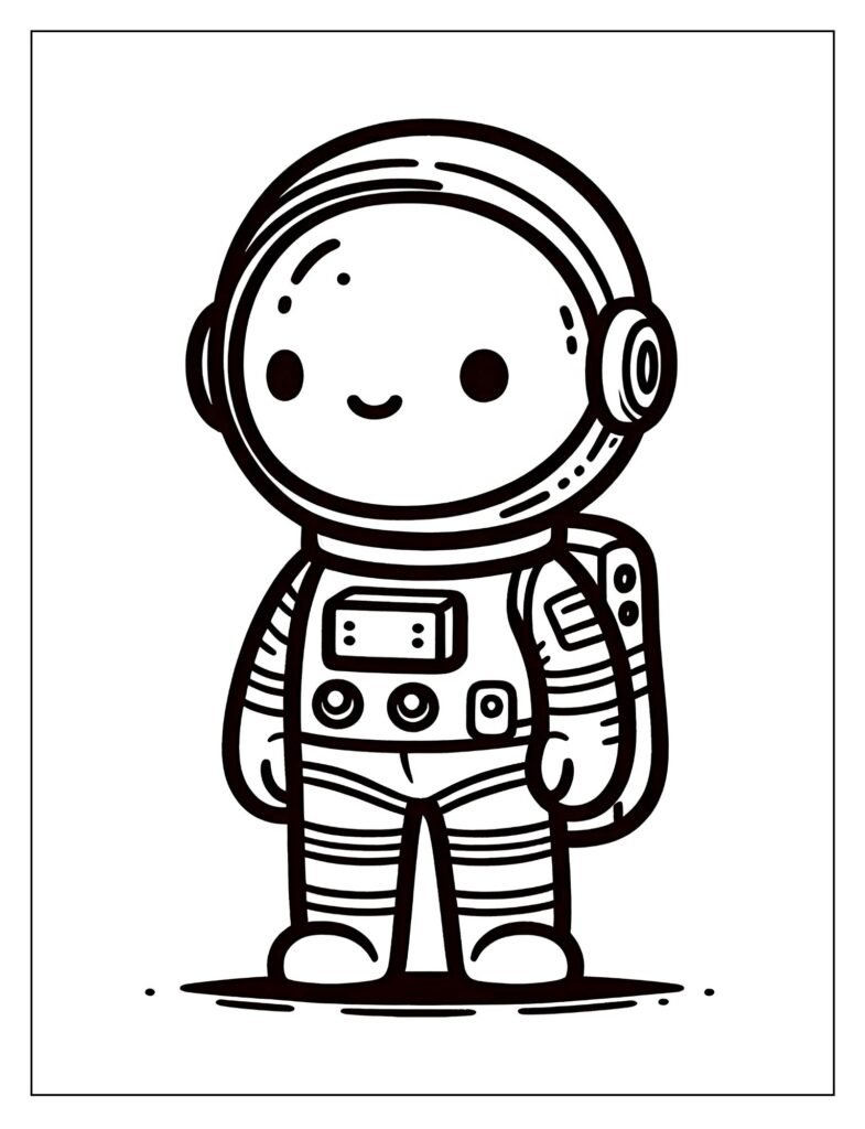 A black and white illustration of an astronaut with stars reflected in their helmet's visor or drawn in their eyes, symbolizing wonder, designed for coloring.