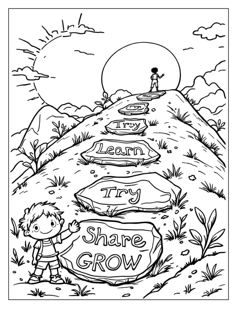 A path of stepping stones leading up a hill, with a child waving back at a guiding figure.