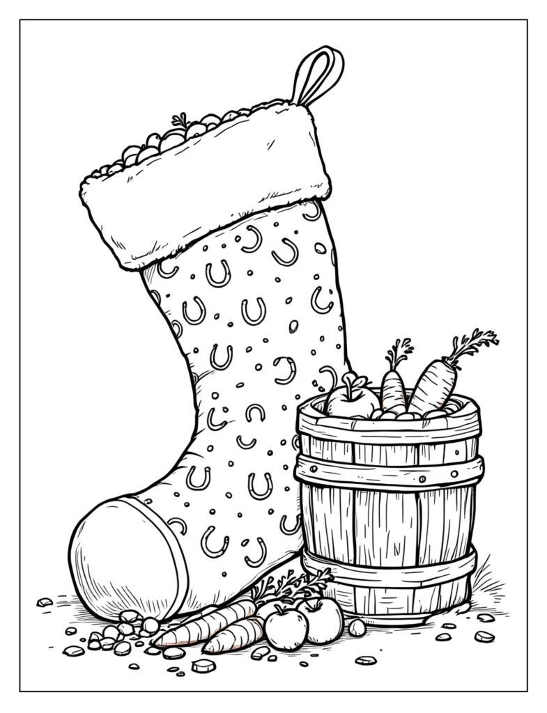 Detailed, oversized Christmas stocking with a horse shoe design hanging near the horse's feed bucket.