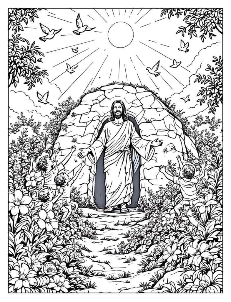 Empty tomb stone rolled away angel coloring page