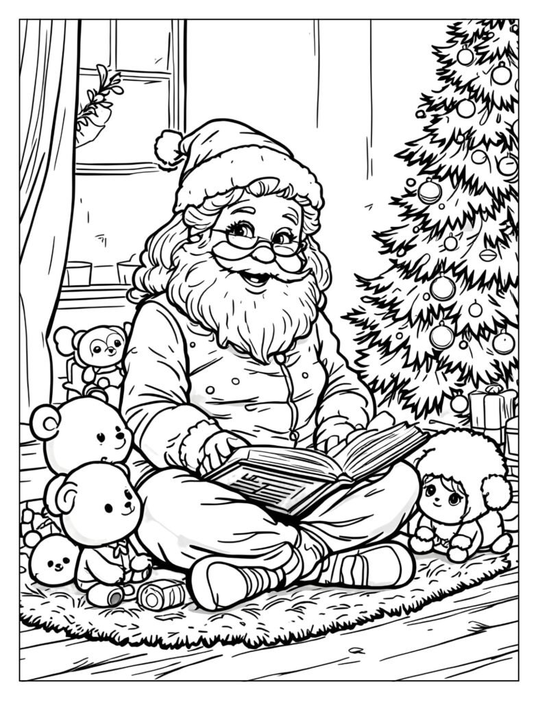 Mrs. Claus sitting on the floor by a decorated Christmas tree, reading aloud from a festive book to a group of stuffed animals.