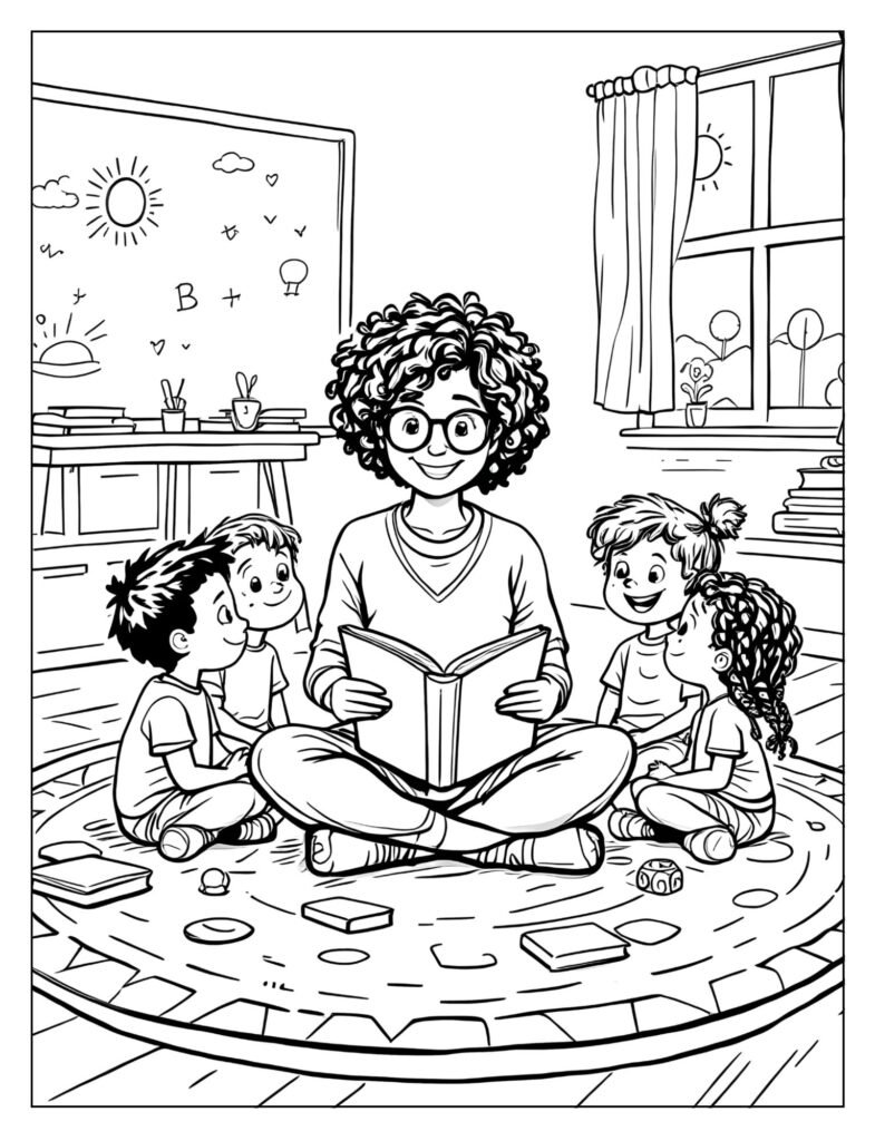 Teacher reading a book to students sitting together on a rug.

