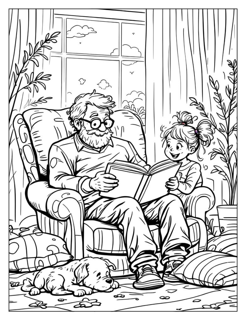 A grandparent reading a book to their grandchild on a comfortable chair.