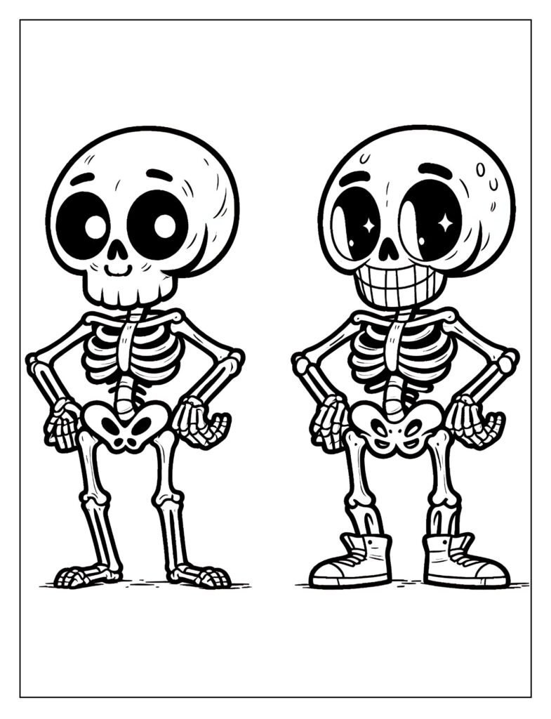 An outline illustration depicting a skeleton in a narrative scene, possibly reading a book or interacting with story elements, ready for coloring.