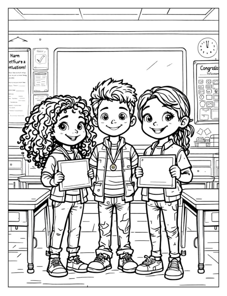 An outline drawing of a student receiving an award or diploma, ready for coloring.