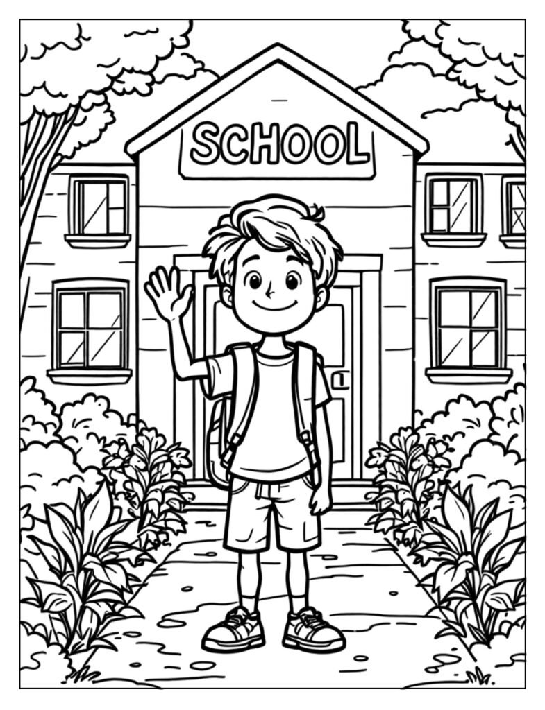 A line art drawing of a student, possibly holding a book or a backpack, ready for coloring.