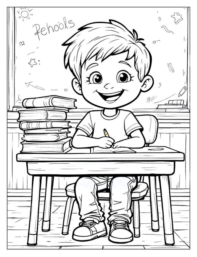 A black and white illustration of a student carrying a stack of books or reading an open book, ready for coloring.