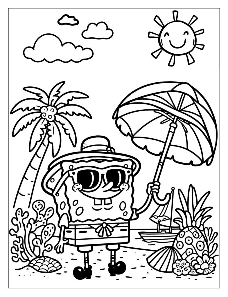 A black and white illustration of SpongeBob enjoying summer activities or dressed in summer attire, ready for coloring.