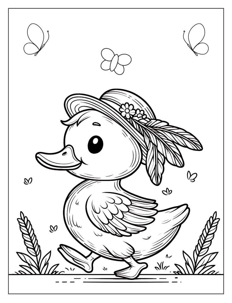A line art illustration of a duck basking in sunlight, perhaps with sun rays drawn around it, ready for coloring.

