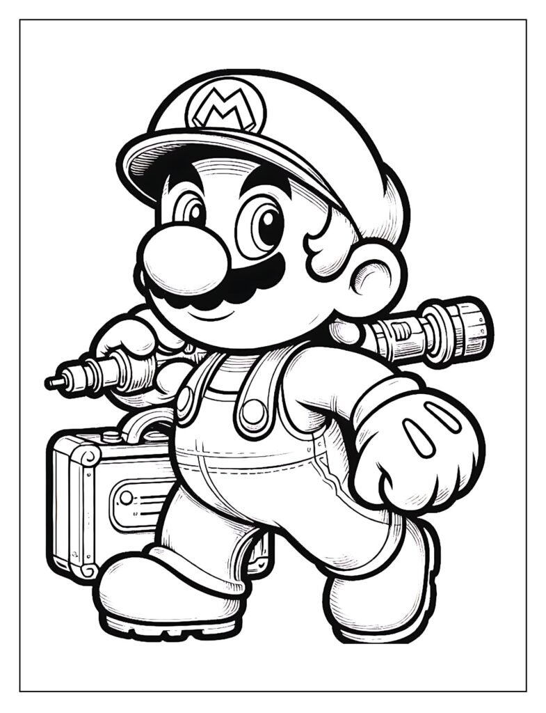 A line art drawing capturing Mario in a dynamic action pose, such as running, jumping, or striking a pose, ready for coloring.
