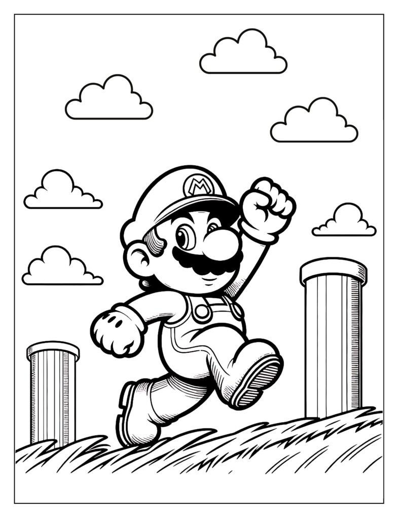 An outline drawing of Super Mario engaged in an adventure scene, like jumping over obstacles or encountering Goombas, ready for coloring.