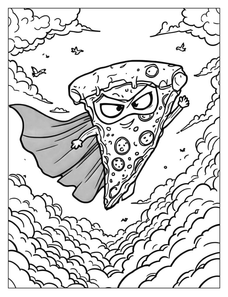 A slice of pepperoni pizza wearing a tiny cape and a mask, flying like a superhero.