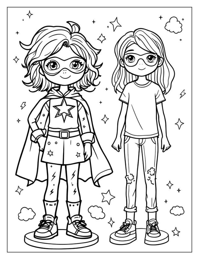 A paper doll with a superhero outfit and regular clothes.