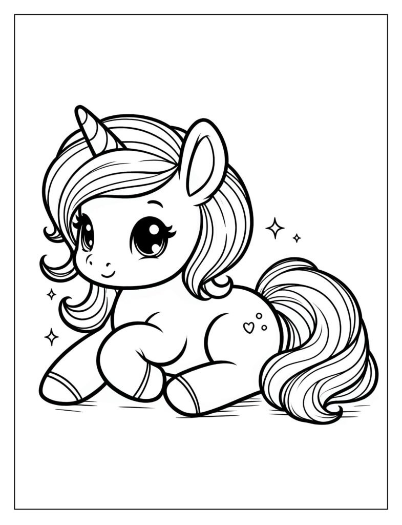 A line art drawing of a baby unicorn giving or receiving a gentle kiss, emphasizing tenderness, ready for coloring.