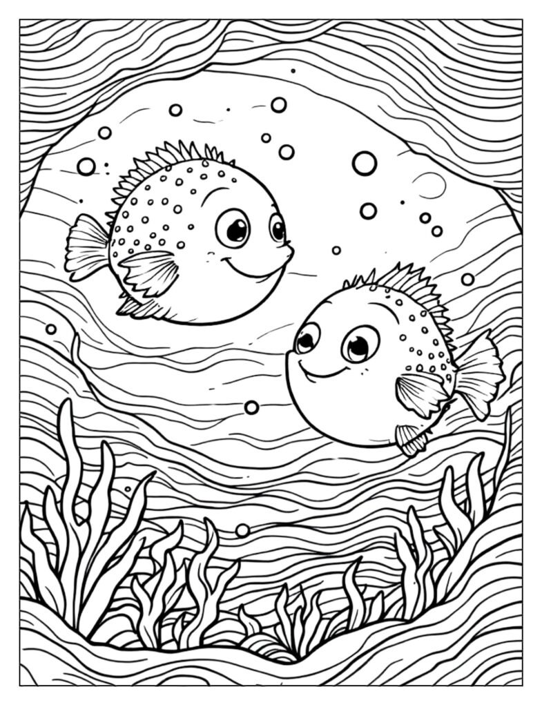 Puffer fishes swimming gracefully coloring page