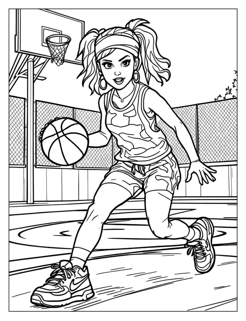 Katy Perry in a basketball uniform with a basketball.