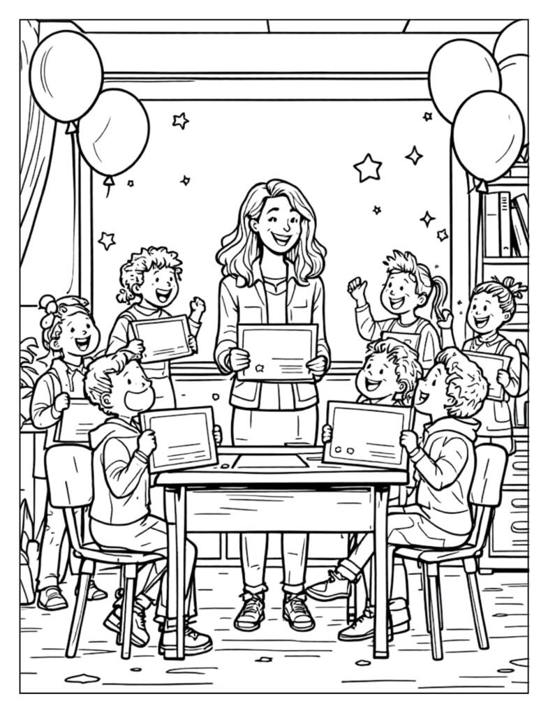 A black and white illustration of a teacher, perhaps standing by a desk or blackboard, ready for coloring.

