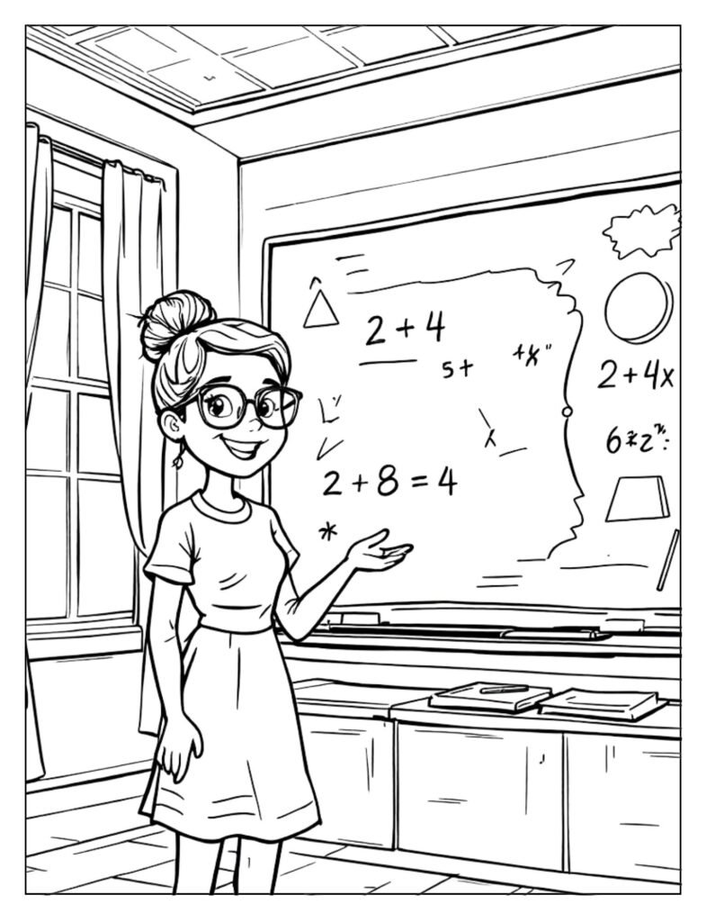 A line art drawing of a teacher standing next to a chalkboard, possibly holding chalk or a pointer, ready for coloring.