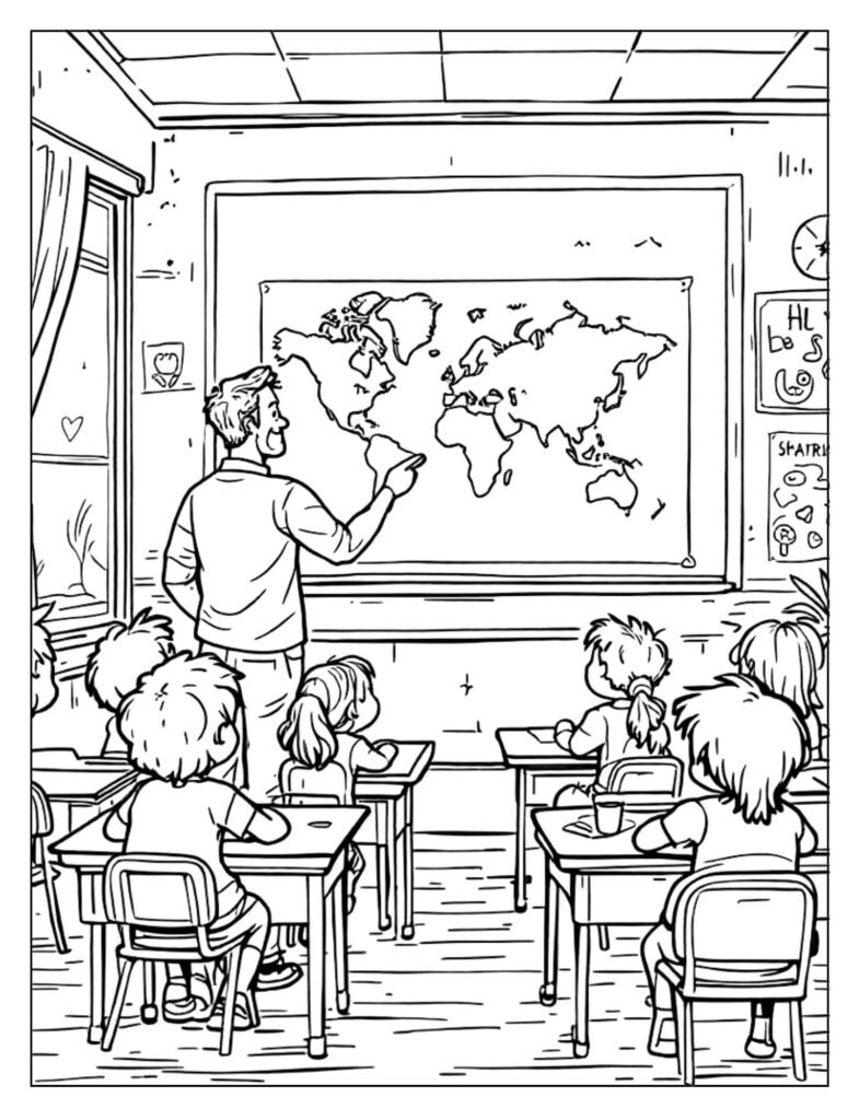 A line art drawing depicting a teacher interacting with one or more students, perhaps helping with schoolwork, ready for coloring.
