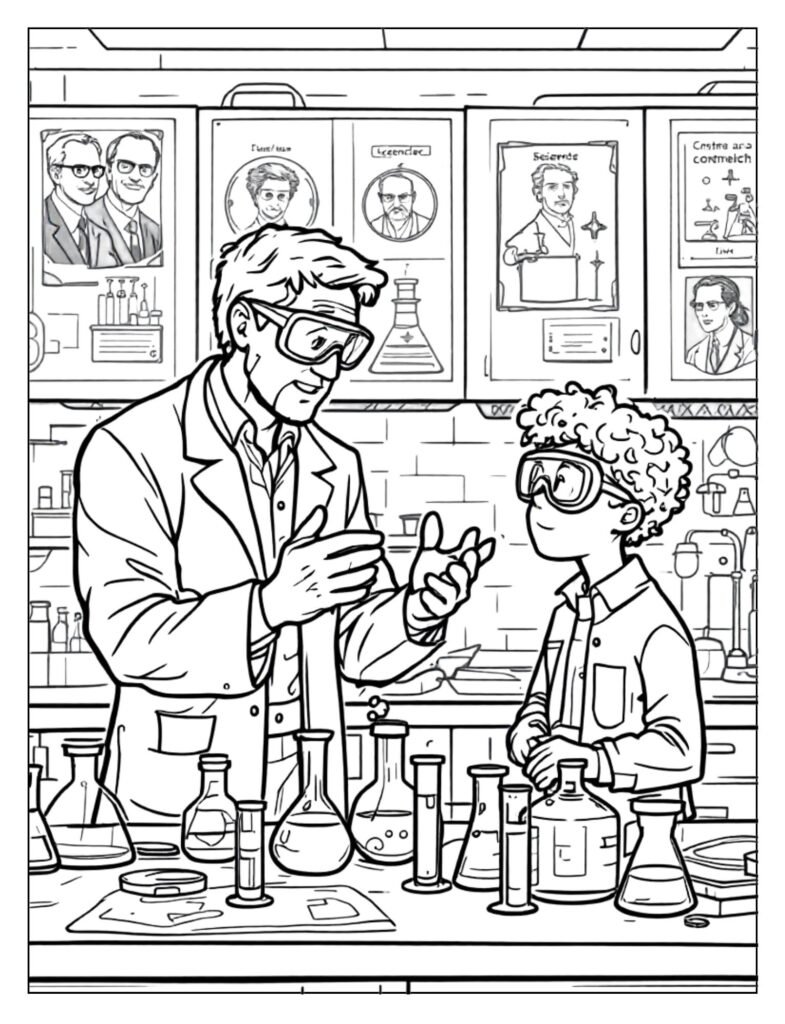 An outline drawing of a teacher and one or two students engaged in an educational discussion, ready for coloring.